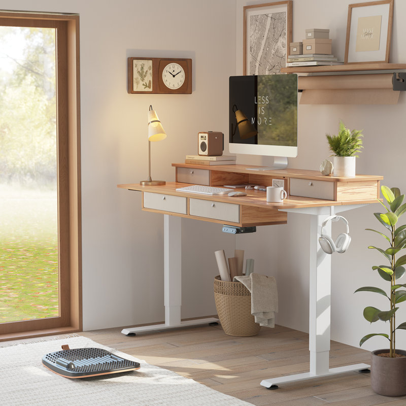 Euri Height Adjustable Standing Desk with Drawers, 50" H x 55" W x 30" D, Light Rustic