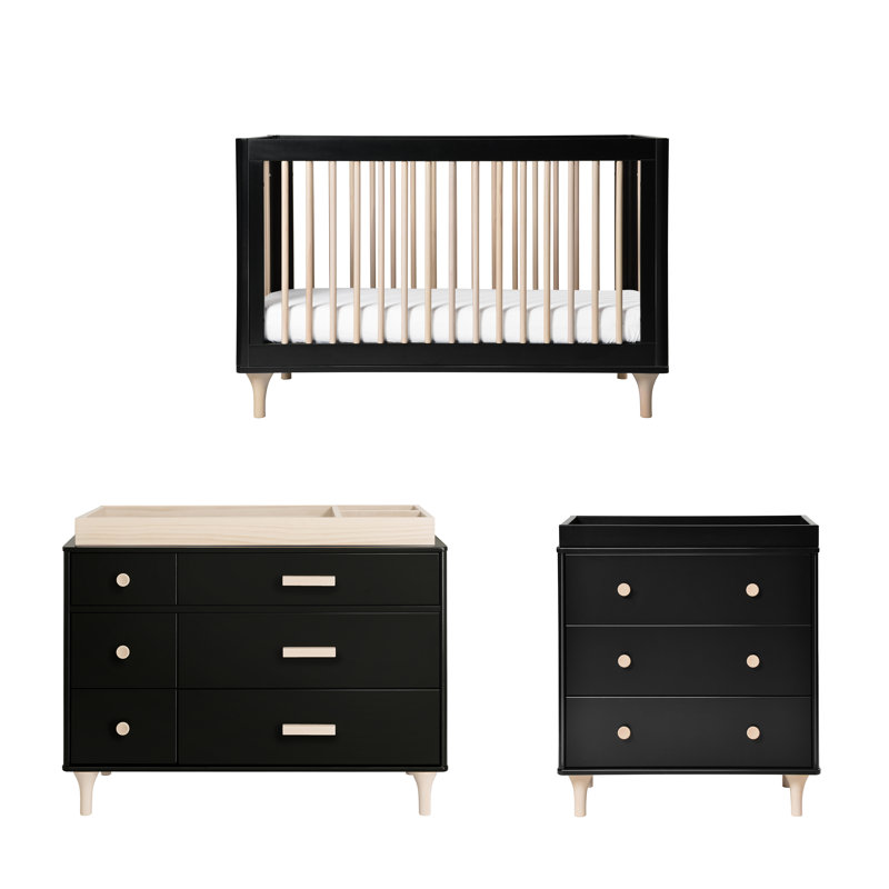 Lolly Crib, 3 Drawer And 6 Drawer Dresser, Black And Washed Natural