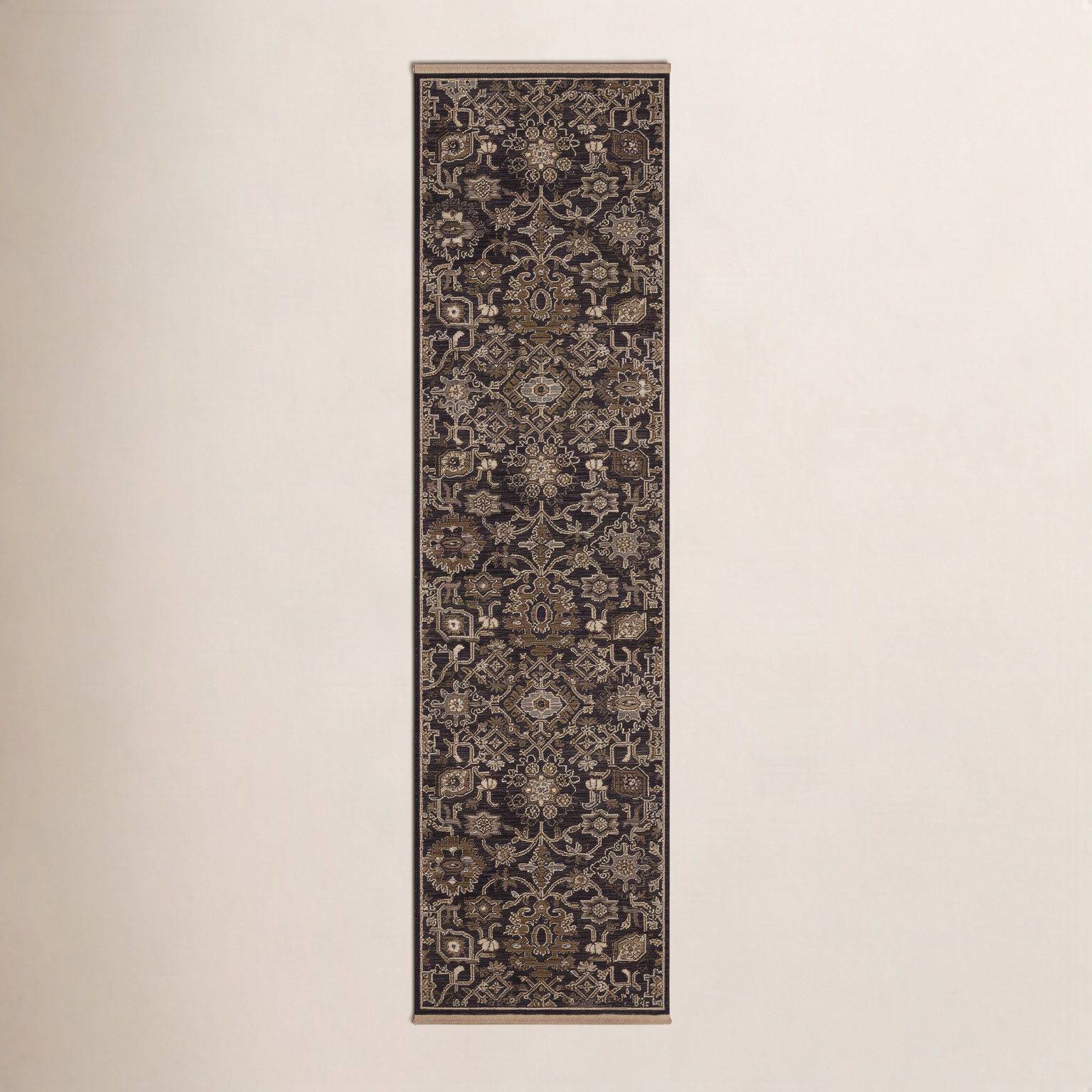 Abena Charcoal Tan Borderless Oriental Wool Rug, Runner 2'6" x 10'