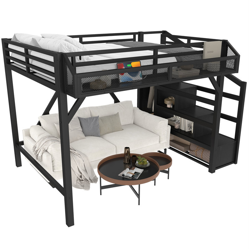 Full Loft Bed with Storage Stairs and Wardrobe, MDF Metal Frame USB LED, Full, Black Woodgrain
