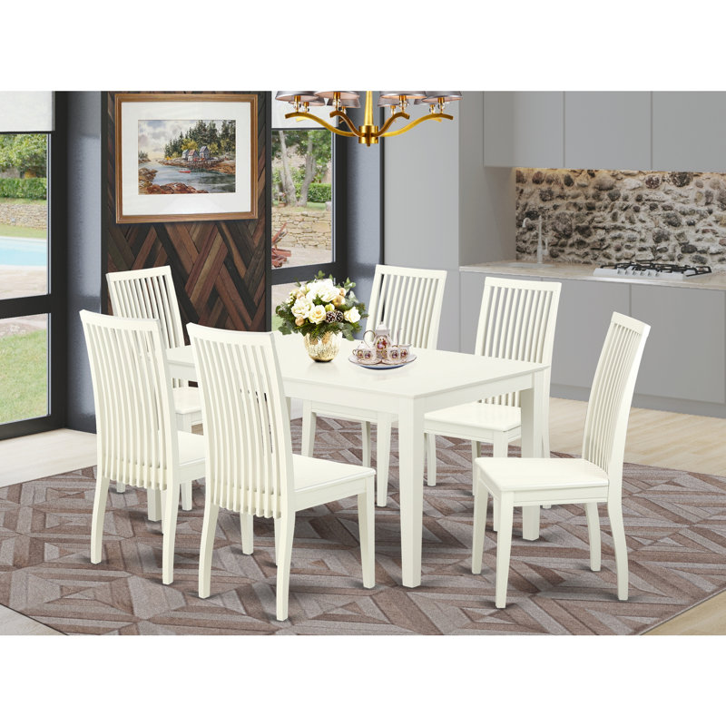 Ensemble de table de salle à manger 7 pièces moderne composé d'une table rectangulaire en bois et de 6 chaises de salle à manger, 36 x 60 pouces, lin blanc