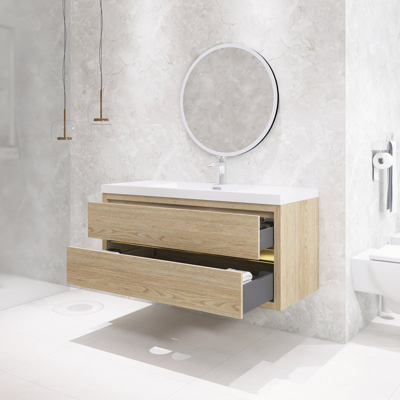 Ensemble de meuble-lavabo simple mural moderne 48 po avec lavabo en résine, Chêne naturel, 48"