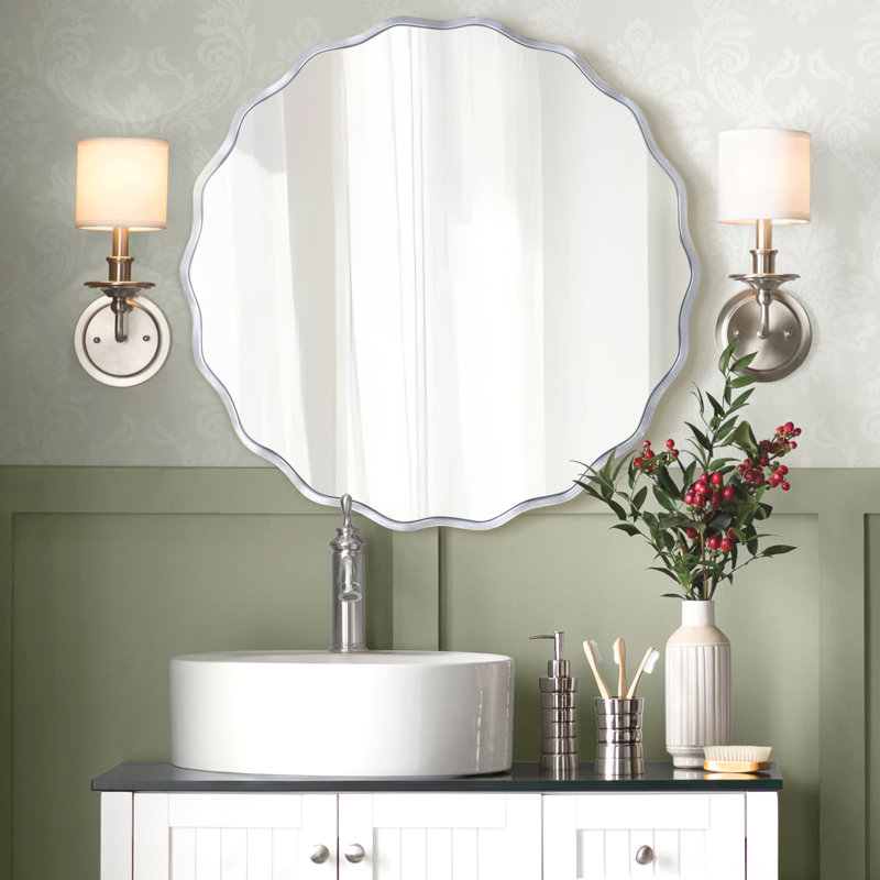 Scalloped Round Metal Wall Mirror, Silver, 31.5" x 31.5"