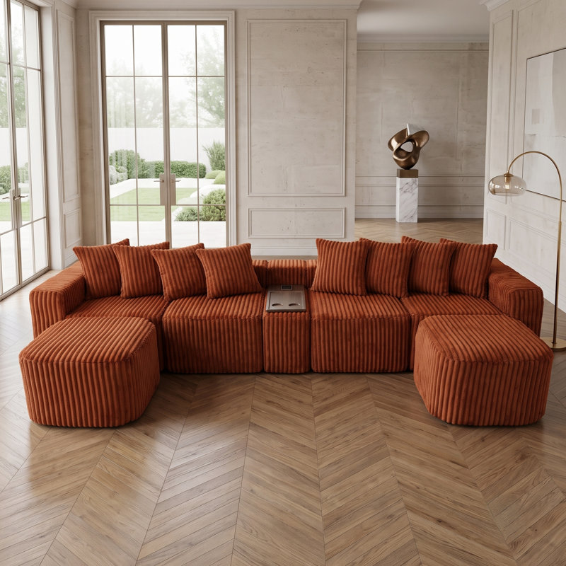 Canapé modulaire en forme de U avec repose-pieds et console intelligente 137,5 po, Orange