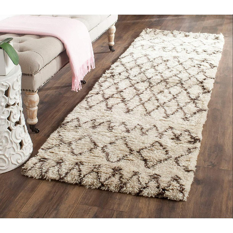 Tapis ivoire / brun en laine touffeté à la main Clem Southwestern, Tapis de couloir 2 pi 3 po x 8 pi