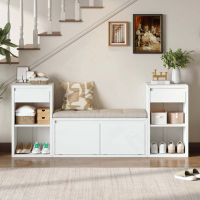 Banc de rangement tout-en-un avec coussin, compartiments, tiroirs et tablettes ouvertes, banc de rangement pour couloir, vestibule, salon