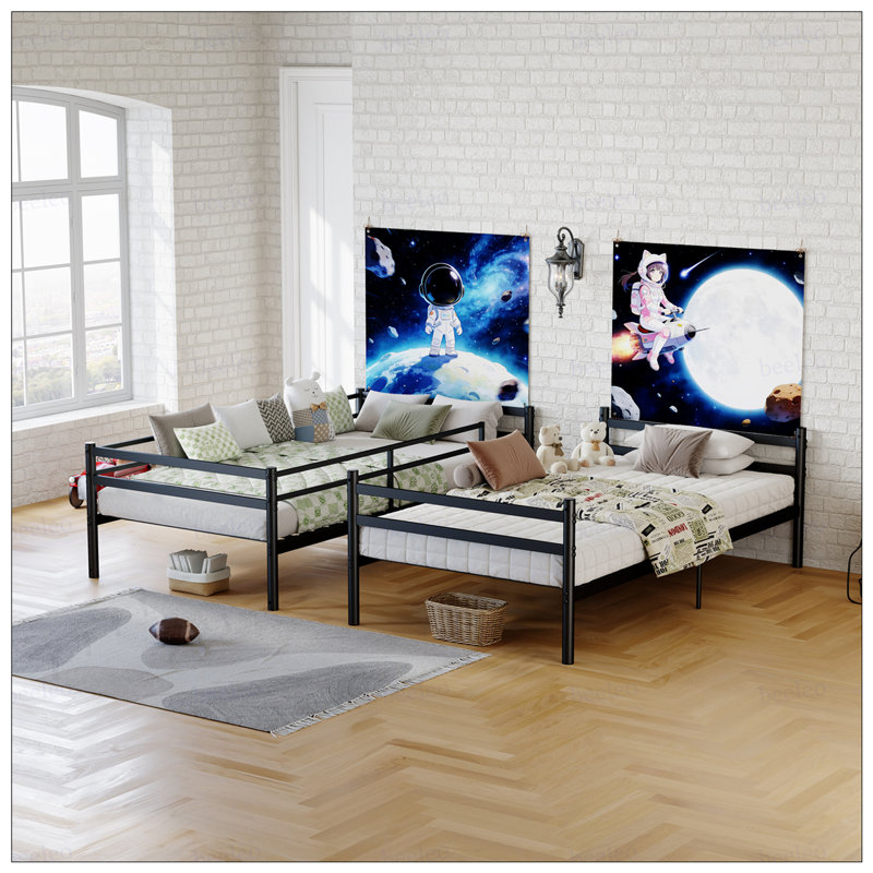 Lit superposé avec échelle et lit superposé en métal à garde-corps haut, espace de rangement, silencieux, simple au-dessus de simple,
