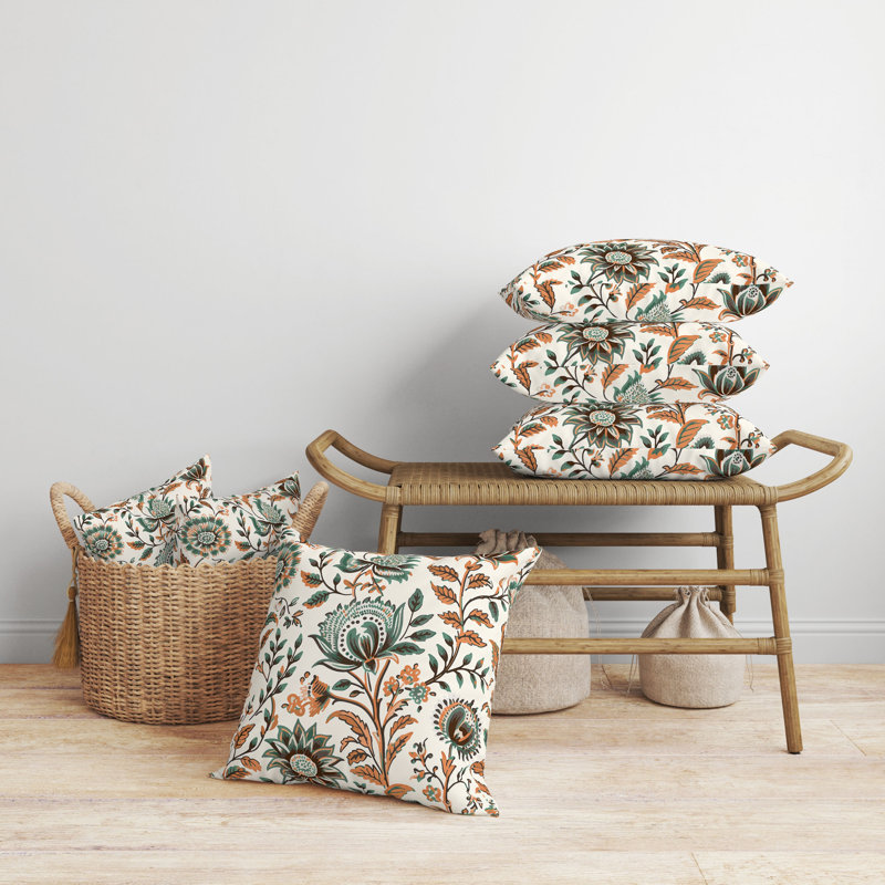 Orange and Teal Floral Faux Suede Square Throw Pillow
