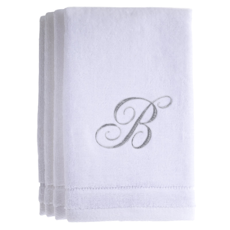 Monogrammed 4 Piece 100% Cotton Fingertip Towel Set, B, White