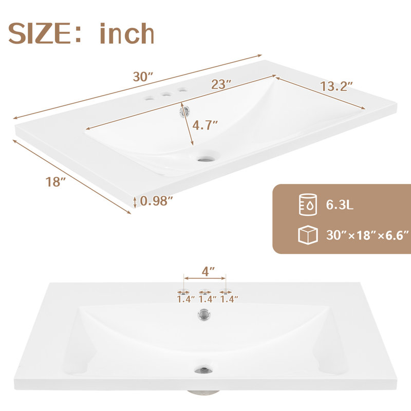 Comptoir de meuble-lavabo 30 po, céramique, lavabo blanc, épaisseur 0,98 po, comptoir de forme rectangulaire, blanc, emplacement du lavabo central, hauteur 6,7 po