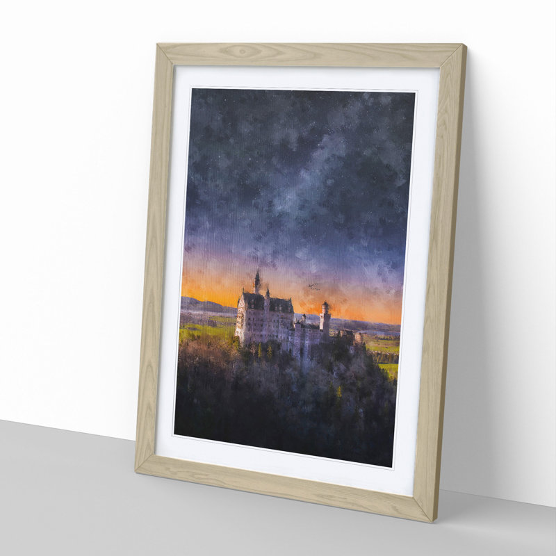Neuschwanstein Castle at Dusk - Picture Frame Painting, 65cm H x 48cm W x 2cm D, Oak Framed