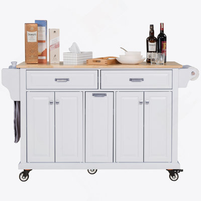 Kitchen Island With Rubber Wood Countertop, Kitchen Cart On 5 Wheels With Storage Cabinet