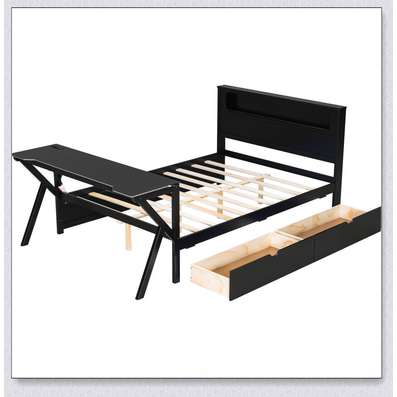 Wooden Gaming Platform Bed With LED Headboard, LED Desk, USB And Two Storage Drawers, Full