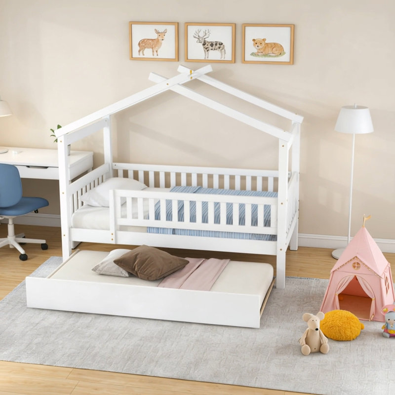 Twin Size Wooden House Bed With Trundle, Twin, White