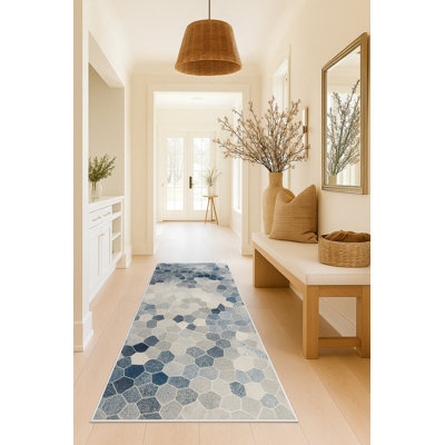 Tapis de couloir intérieur en mosaïque de pierre bleue / beige 2 pi x 6 pi (2 pi 3 po x 5 pi 11 po) Branch Branch Joni