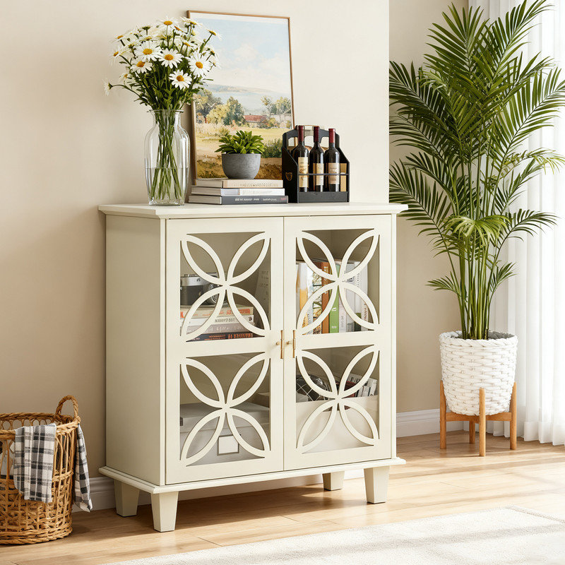 Buffet crème avec portes en verre trempé, armoire de rangement autoportante à 2 portes pour la cuisine, la salle de bain et le vestibule