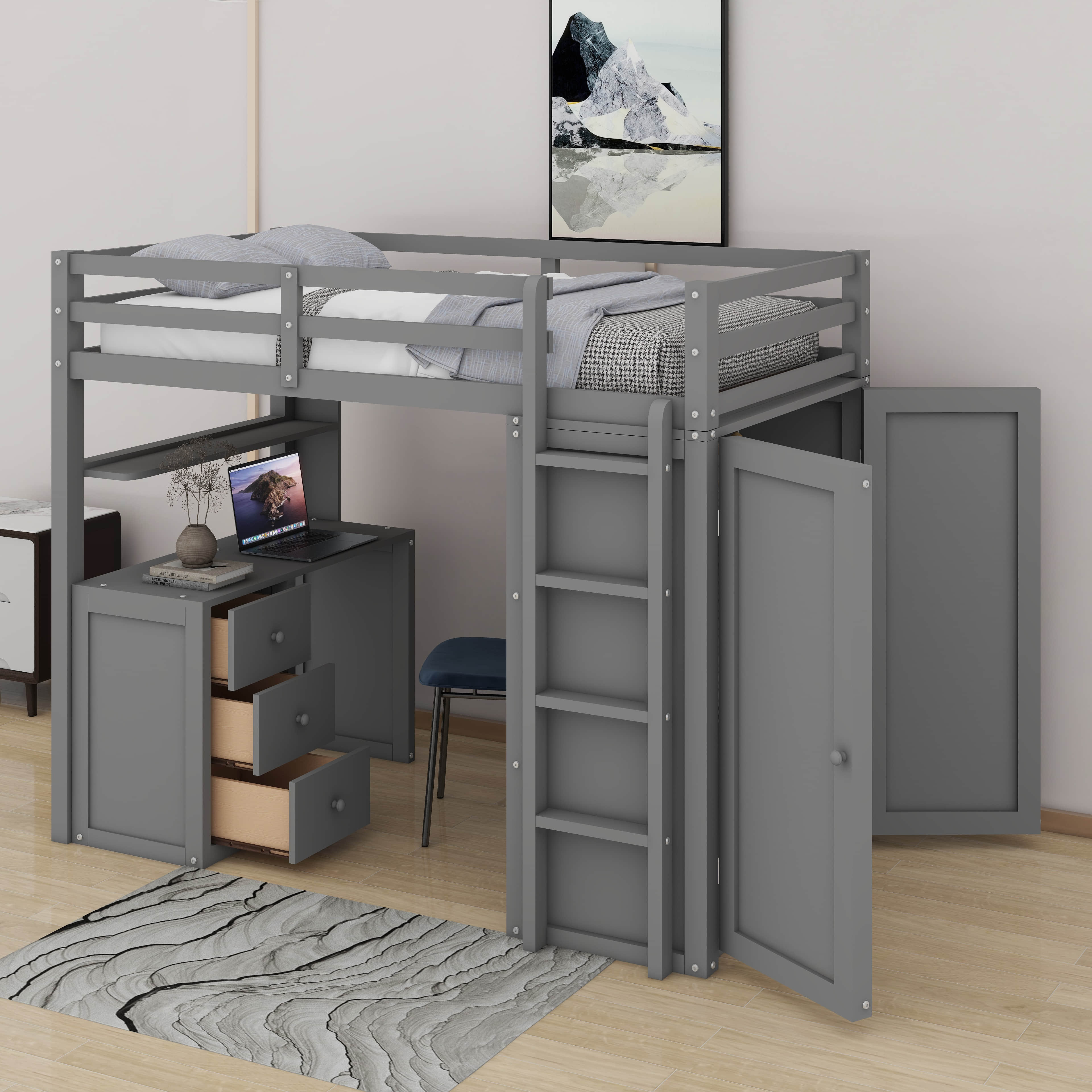 Harriet Bee Twin Size Loft Bed With Desk,Drawers And Wardrobe 