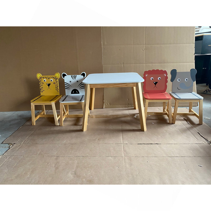 Ensemble de table et de chaises pour enfants 5 pièces, table en bois pour enfants avec 4 chaises, animaux de dessin animé (plus grande table) (3-8 ans)
