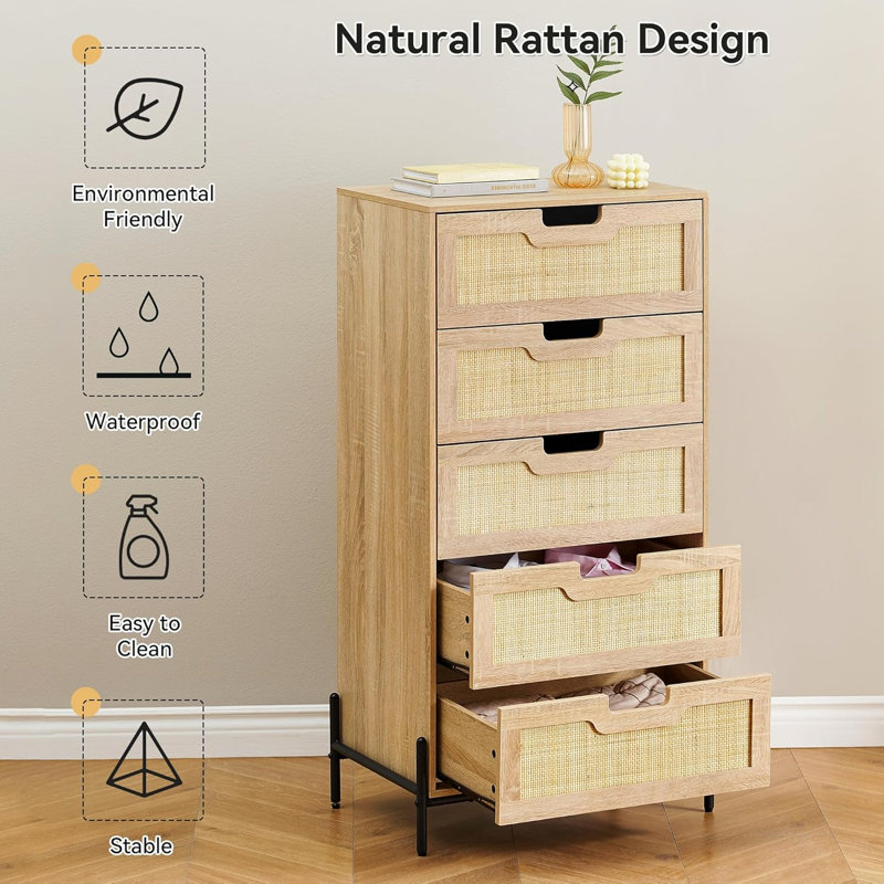 47 Inches Tall Rattan 5-Drawer Dresser w/ Retro Design, Spacious Storage Chest w/ 5 Large Drawers & Display Top, Oak