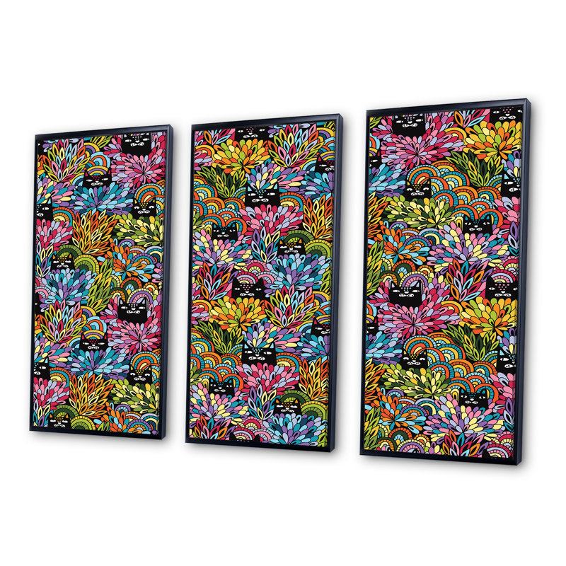 «Black Cats Look Out Of The Bushes», ensemble de 3 reproductions d'art encadrées sur toile, Noir, L 36 po x H 28 po