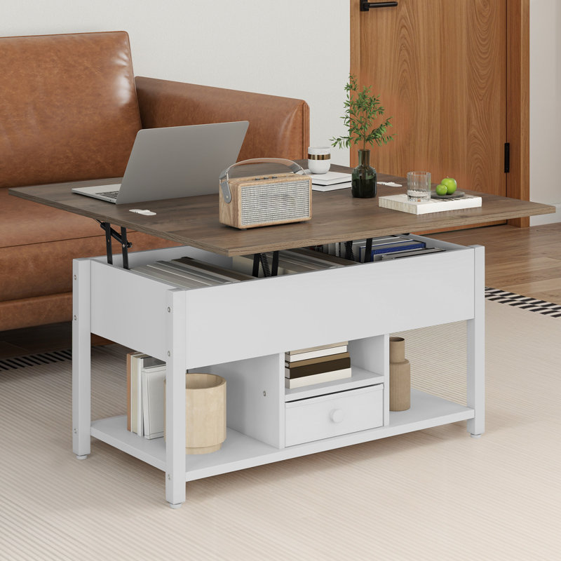 Afeez Lift Top Coffee Table with Storage，Extendable Coffee Table Centre Table for Living Room, Grey Wood, White
