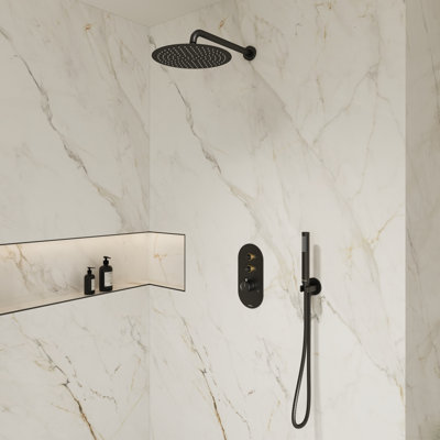 Système de douche à 2 fonctions avec valve thermostatique Angelsey, ensemble de robinet de douche à finition bicolore (noir mat et or brossé), pomme de douche à pluie de 12 po avec combiné à main, accessoires de douche de salle de bain