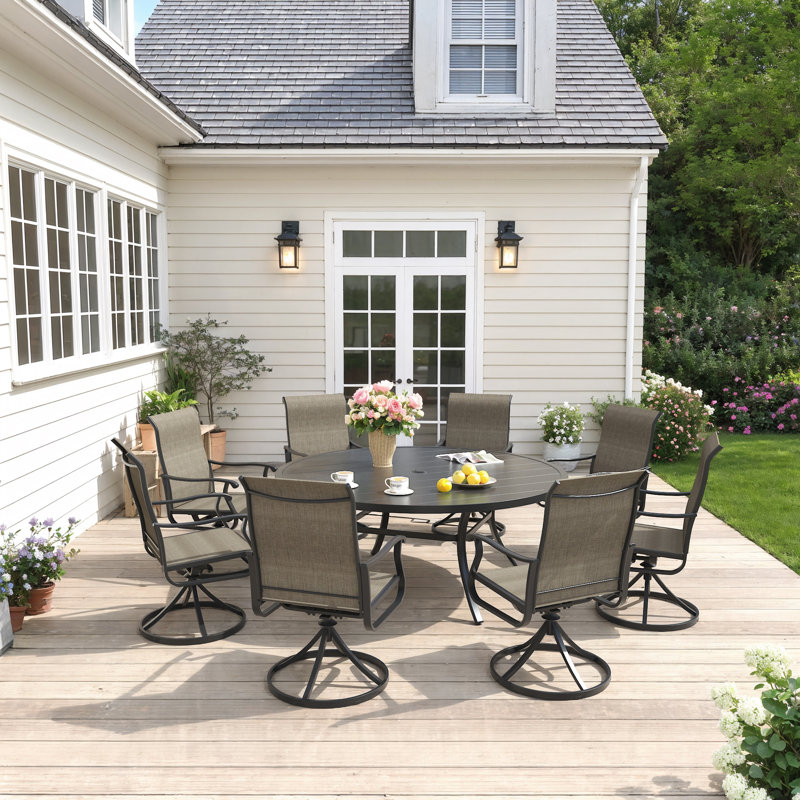Bachus 8-Person Patio Dining Set with 60" Round Dining Table and 8 Swivel PVC-coated polyester Dining Chairs, Black/Brown