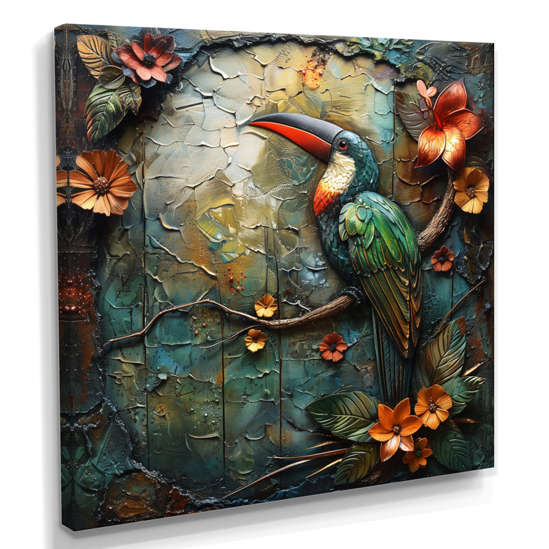 Vert, orange, forêt tropicale, radiance, Toucan - perroquet, art mural, salon, Toile tendue, H 16 po x l 16 po x P 1 po