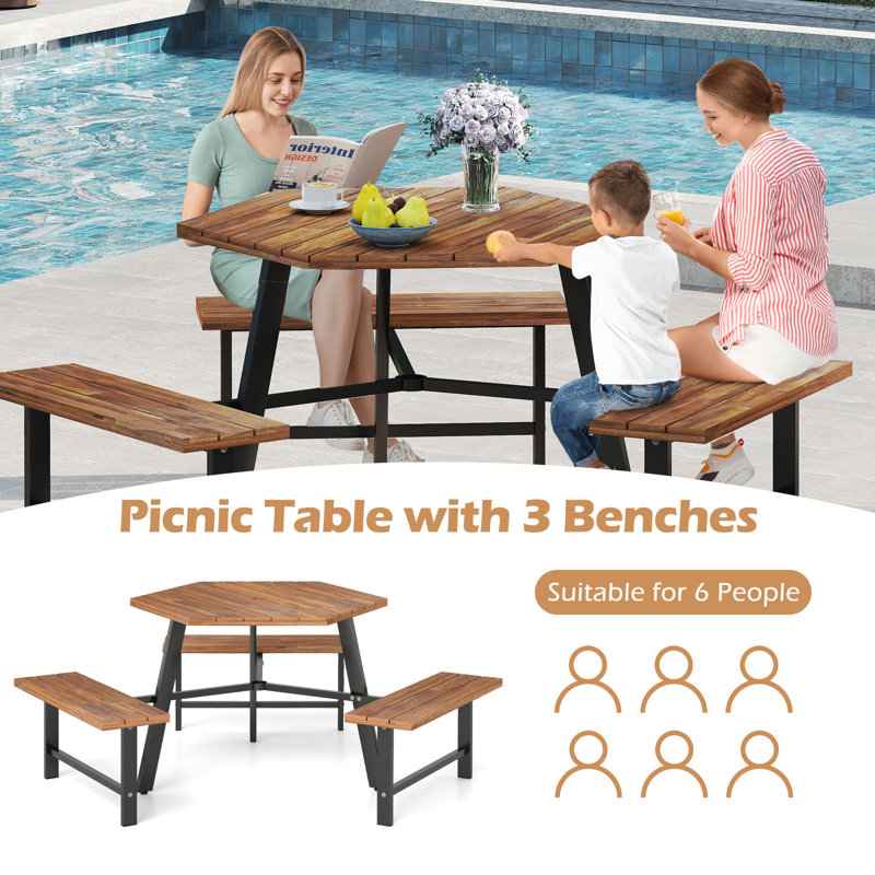 Ensemble de table de pique-nique en bois d'acacia pour 6 personnes avec cadre en métal à 3 sièges
