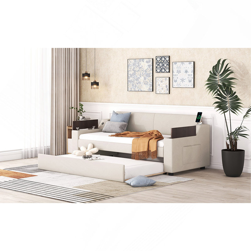 Lit de jour simple rembourré avec accoudoirs de rangement, couchette et conception USB