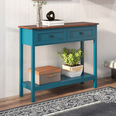 Console de style campagnard avec 2 tiroirs et tablette de rangement inférieure en bois d'ingénierie bleu pagode