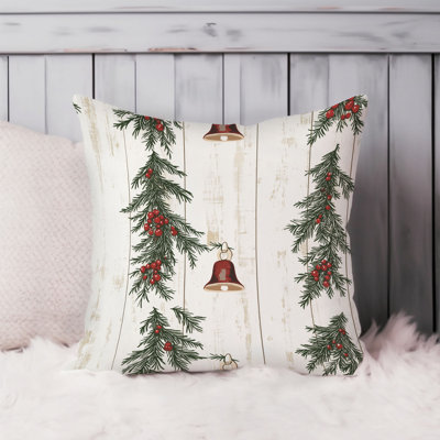 Holiday Christmas Bells Mistletoe Botanical Leaves Pattern III Cottage Throw Pillow Cover