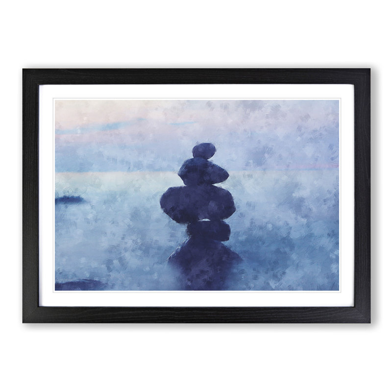 Balancing Zen Stones Upon A Lake - Single Picture Frame Painting on MDF, 45cm H x 63cm W x 2cm D, Black