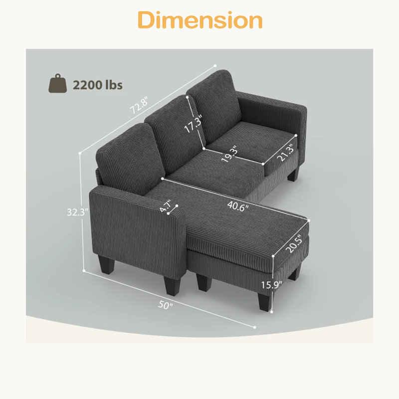 Nordic Style Sofa,Sectional Sofa,L Shaped Couch, Dark Gray Fabric