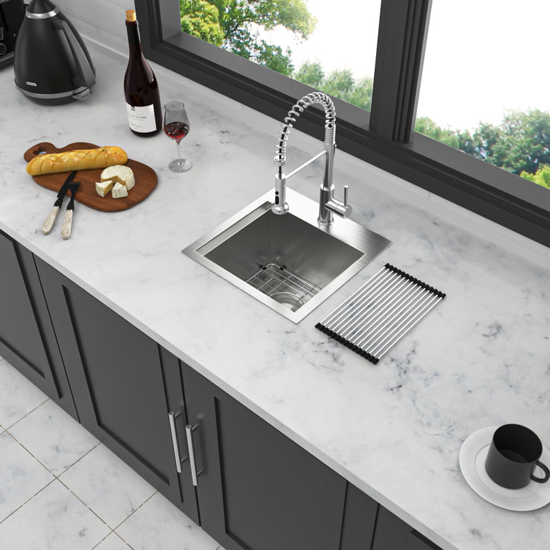 15 Inch X Drop - In Kitchen Sink, Stainless Steel 18 Gauge, Brushed Nickel, Easy To Clean, Single Basin Switchable Modes, X Shape, Water Drainage, Rollup Rack, Template Workstation T304 Steel,