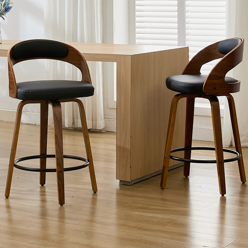 Modern Faux Leather Swivel 30'' Bar Stools, Bucket Seat Bar Stools with Wood Frame, Black, Bar Stool (30" Seat Height)