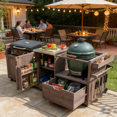 Îlot de cuisine en bois massif 80,3 po avec plateau en acier inoxydable, chariot de barbecue pour gros œufs verts et plaque chauffante