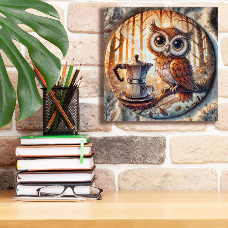 Art mural sur toile Genevive «Owl And Coffee» par Rey Klimt, H 12 po x l 12 po