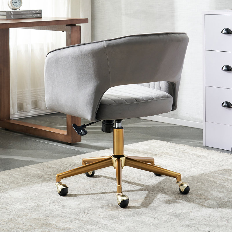 Modern White Upholstered Office Chair - Adjustable Height, Gold Swivel Base With Wheels, Comfortable Desk and Chair For Bedroom, Home Office, Living Room and Study (Grey)