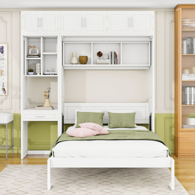 Lit escamotable en bois avec bureau intégré, armoires suspendues et tablettes latérales