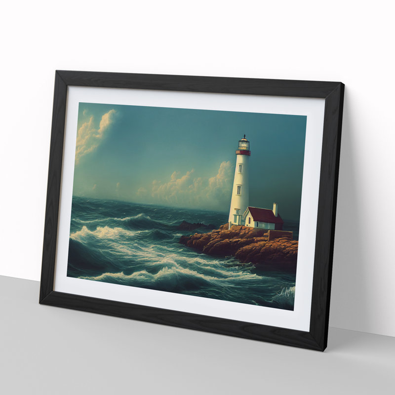 Revered Lighthouse Seascape - Single Picture Frame Painting, 46cm H x 64cm W x 2cm D, Black Framed