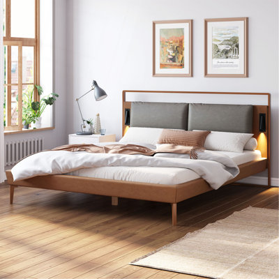 Brown&Grey Leather Full Size Bed With 2Pcs Night Lights