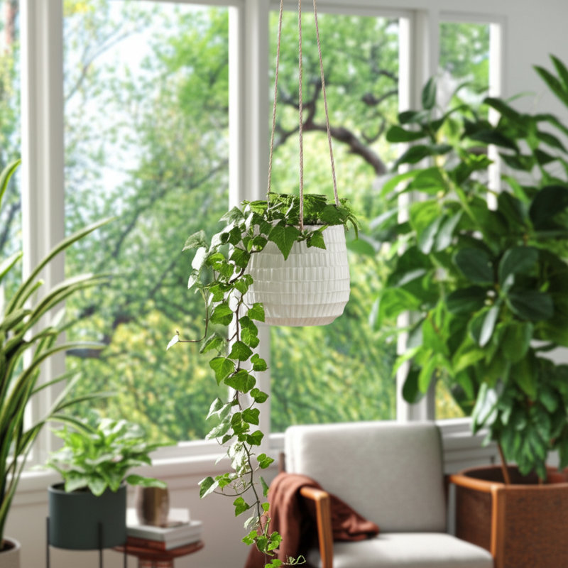 Pot à fleurs suspendu en céramique Rosaria, Blanc alvéolé, H 6,5 po x l 7 po x P 7 po