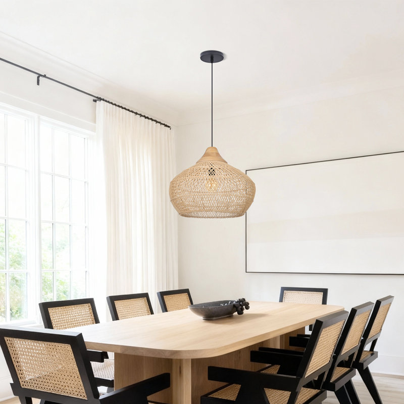Natural Rattan Pendant Light for Kitchen Island, 15.75" H x 19.69" W x 19.69" D