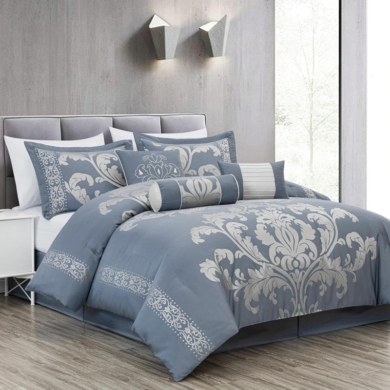 Royale Jacquard Floral 7 Piece Comforter Set, King Comforter + 6 Additional Pieces, Grayish Blue/Gray