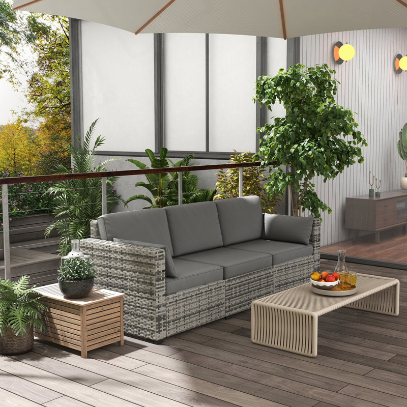 Elsea 78.75'' Wide Straight Wicker Patio Sofa with Cushions, Gray