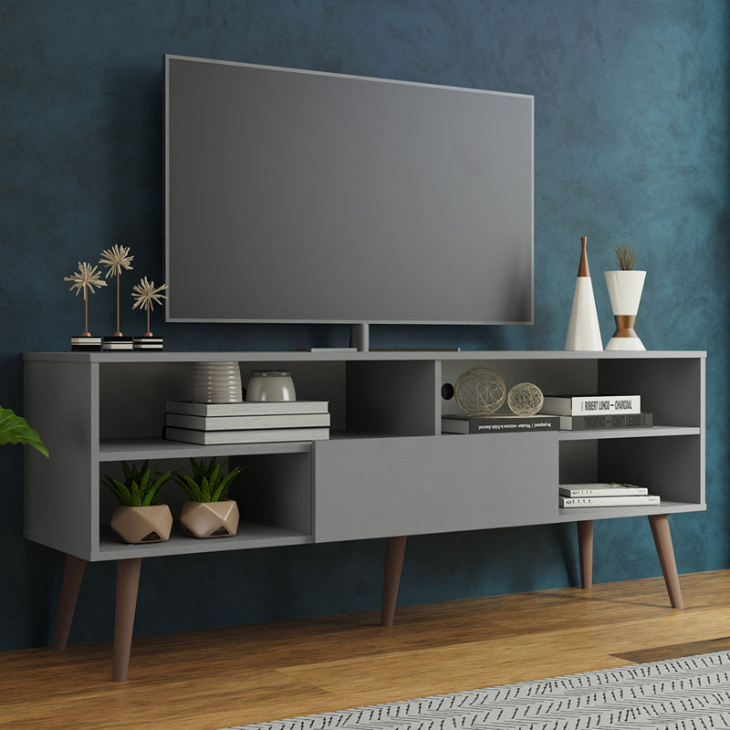 Meuble télé avec 1 porte, 4 tablettes pour téléviseur de 65 po ou moins IZZA, meuble audio-vidéo en bois, gris