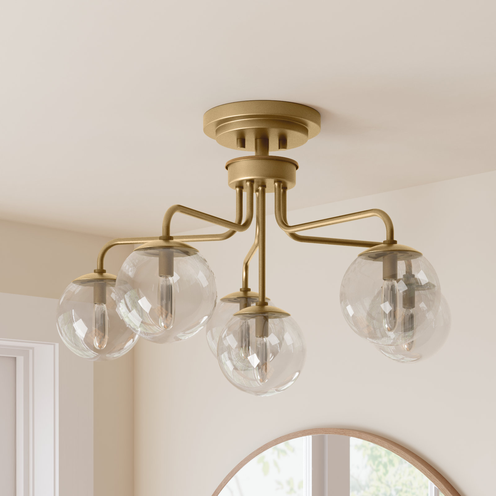 Chemise 6-Light Semi Flush Mount, Brass, Clear