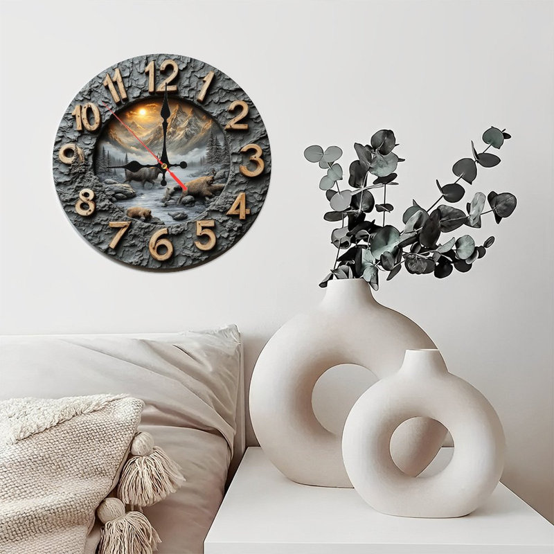 Mountain Animals Wall Clock Reindeer Bears Sunset