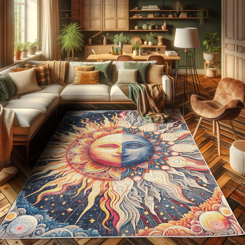 Ambesonne Sun and Moon High Density Long Fiber Poly Threads Decorative Area Rug Carpet, Rectangle 5'2" x 7'6"